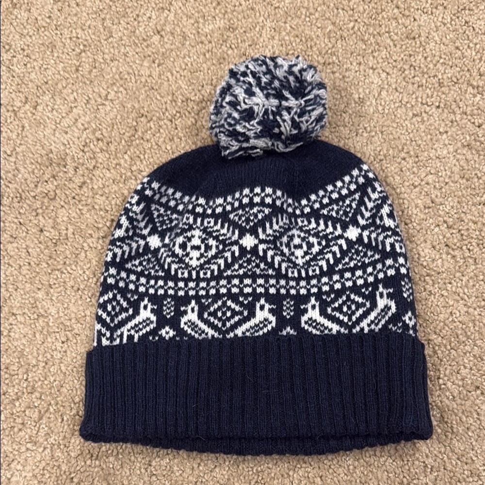 Navy and White Pom-Pom Beanie